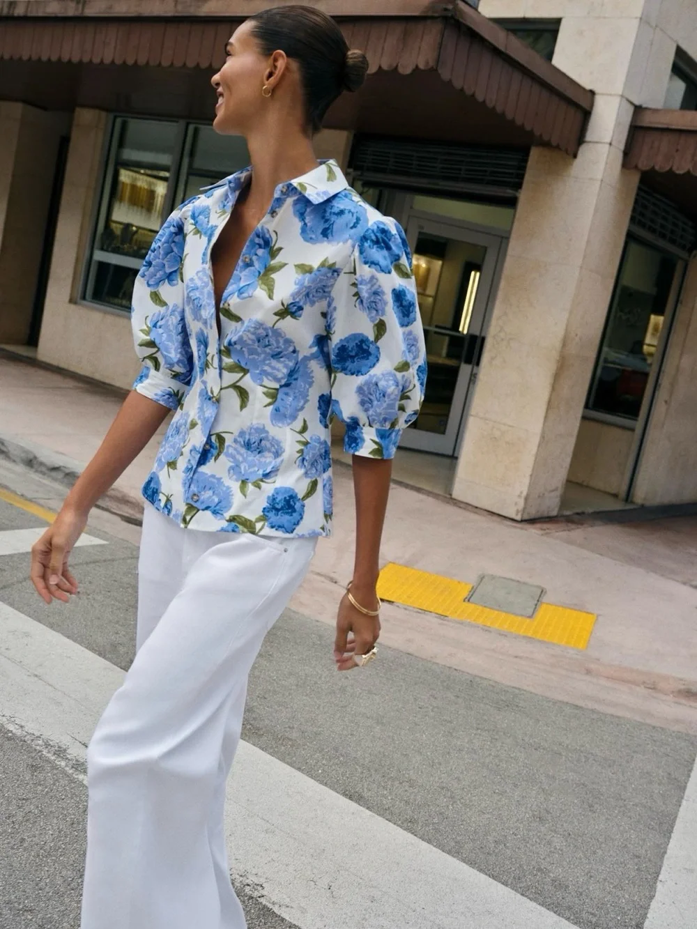Zara White Blouse with Blue Floral Print